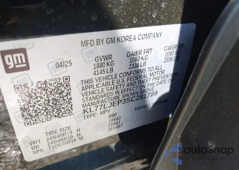 2025 Chevrolet Trax Fwd 2Rs z USA, uszkodzony, nr VIN KL77LJEP3SC281789